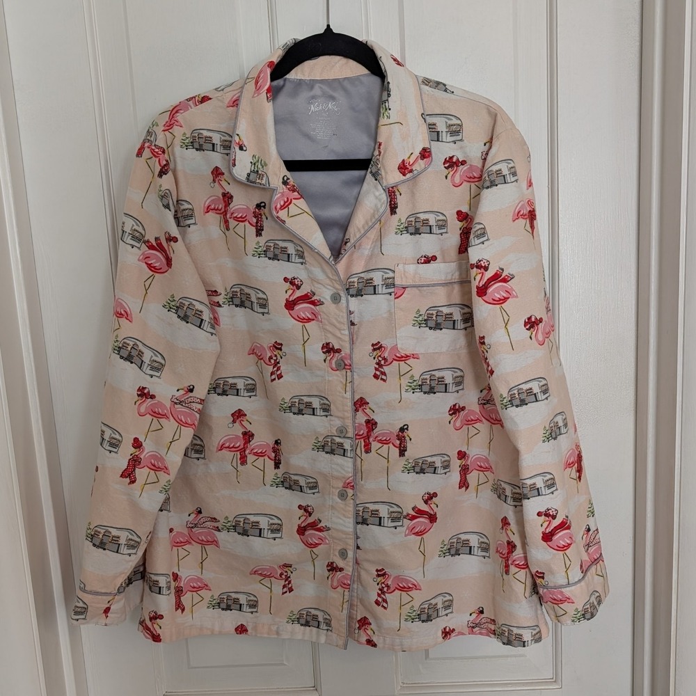 Nick & Nora Women's Flannel Pajama Top XXLARGE Holiday Flamingos Camper‎ Pink